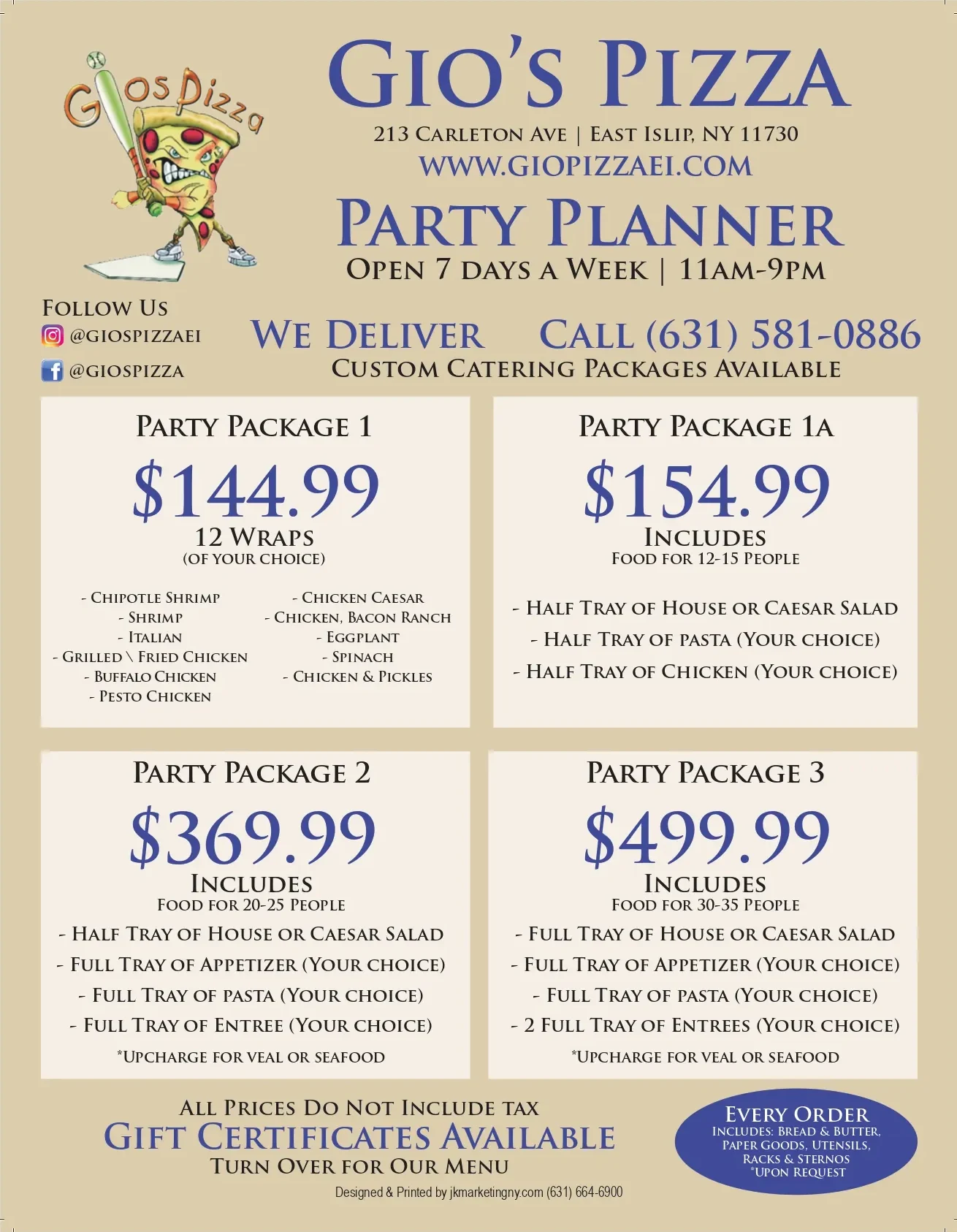 Gio's Pizza Catering Party Planner — front
