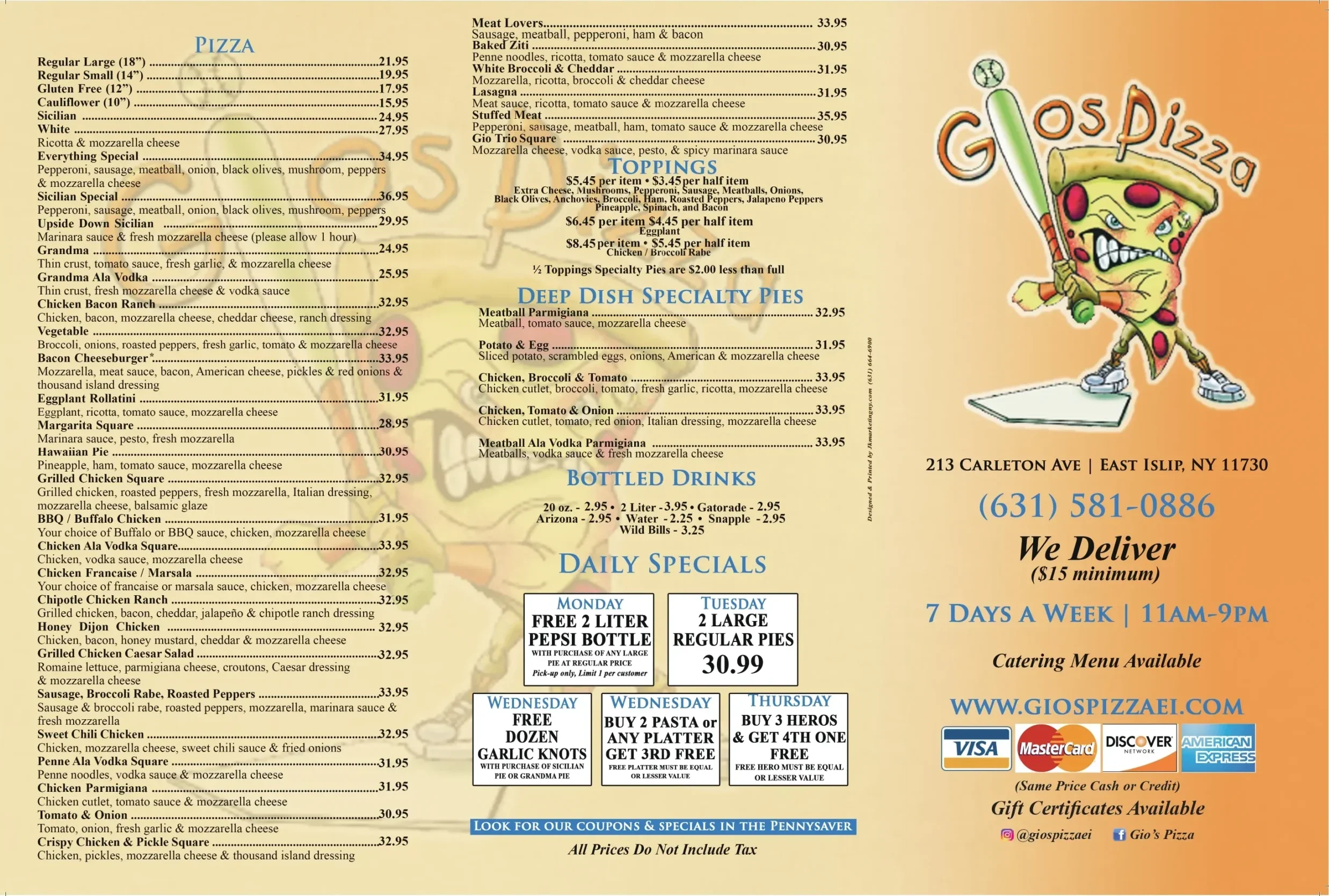Gio's Pizza Take Out Menu — full menu