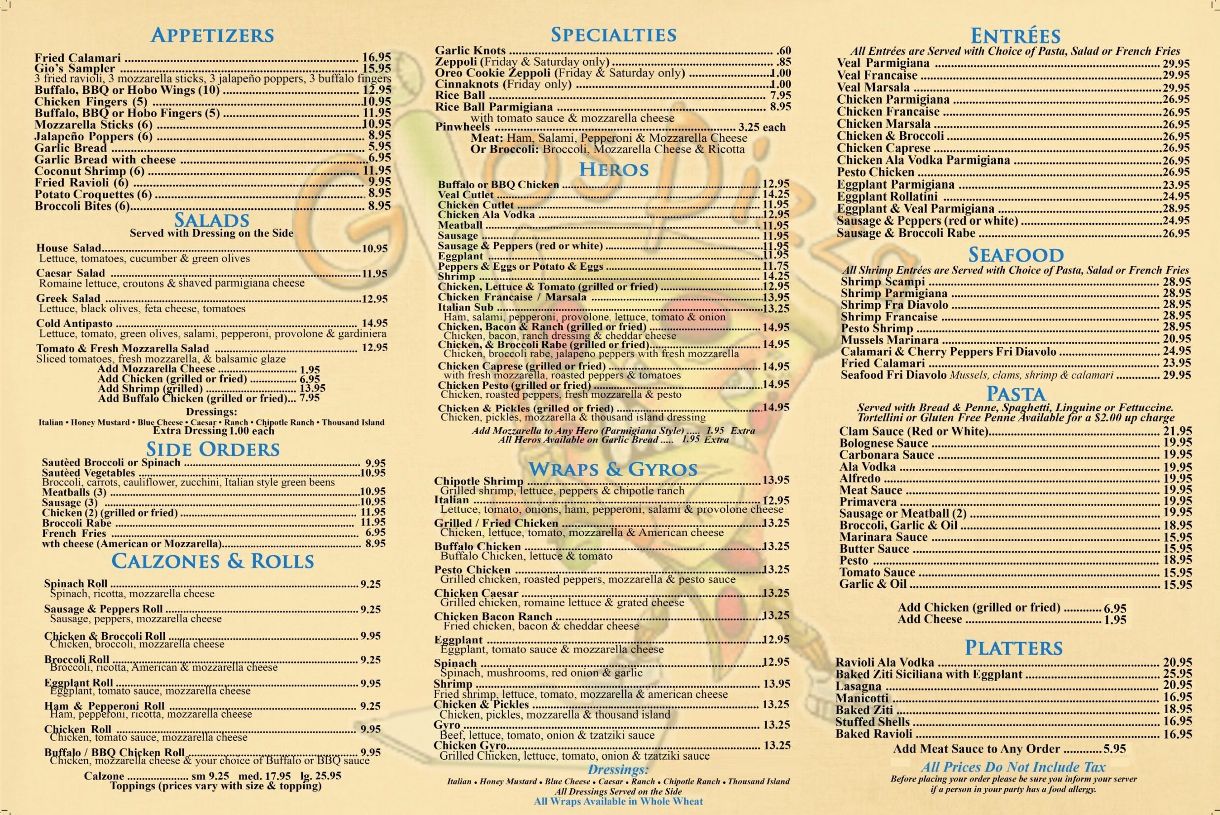 Gio's Pizza Take Out Menu — inside